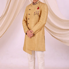 Golden Silk Blend Sherwani Set with White Pyjama for Men - DBMS1035