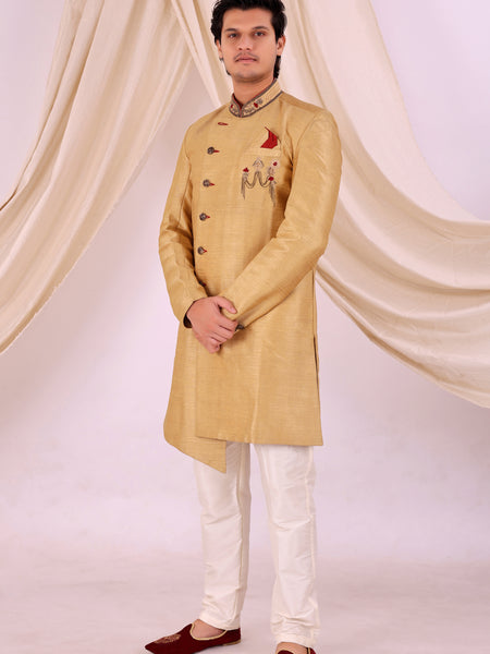 Golden Silk Blend Sherwani Set with White Pyjama for Men - DBMS1035