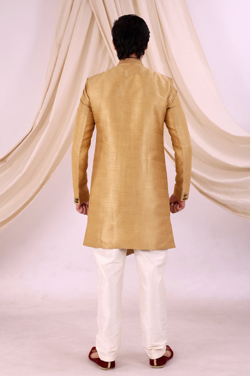 Golden Silk Blend Sherwani Set with White Pyjama for Men - DBMS1035