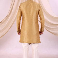 Golden Silk Blend Sherwani Set with White Pyjama for Men - DBMS1035