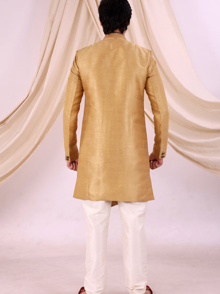 Golden Silk Blend Sherwani Set with White Pyjama for Men - DBMS1035