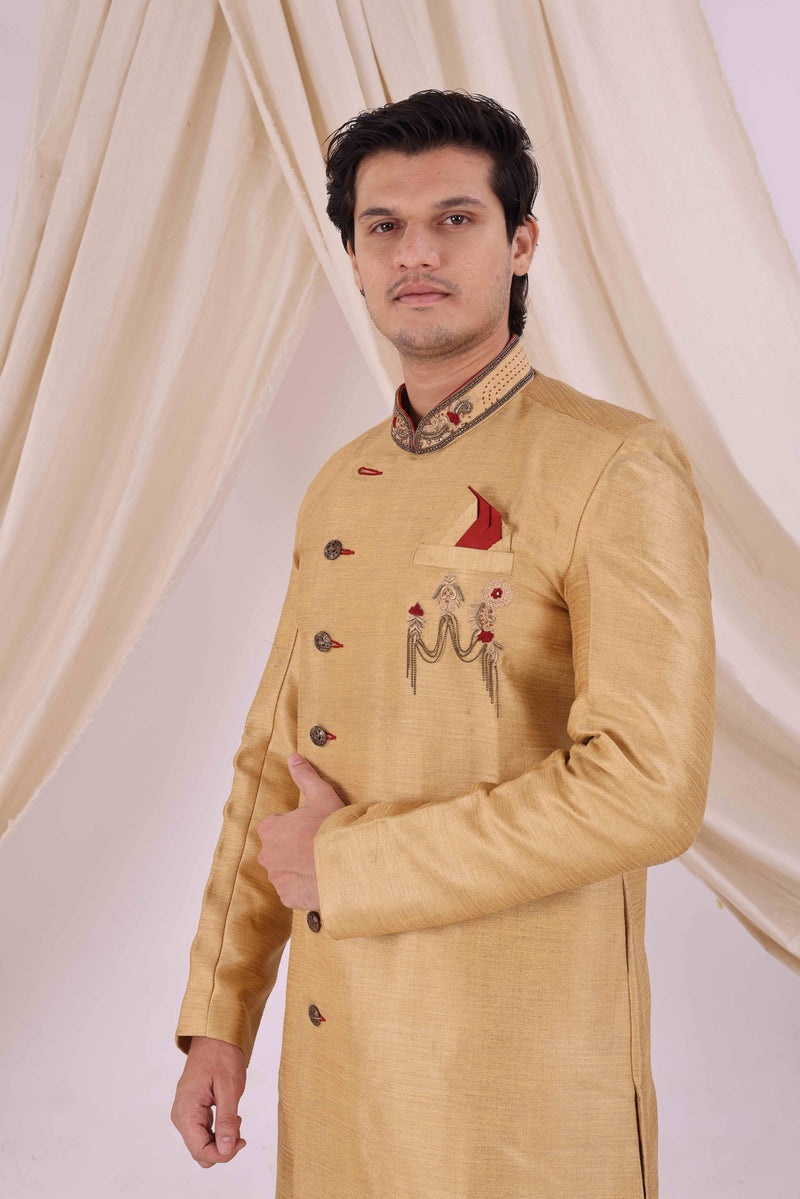 Golden Silk Blend Sherwani Set with White Pyjama for Men - DBMS1035