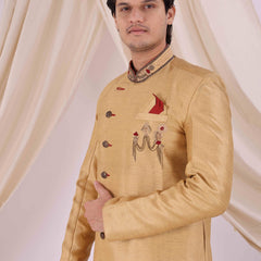 Golden Silk Blend Sherwani Set with White Pyjama for Men - DBMS1035