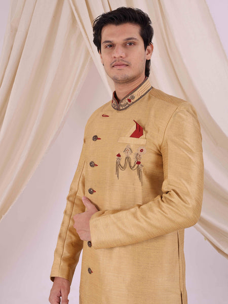 Golden Silk Blend Sherwani Set with White Pyjama for Men - DBMS1035