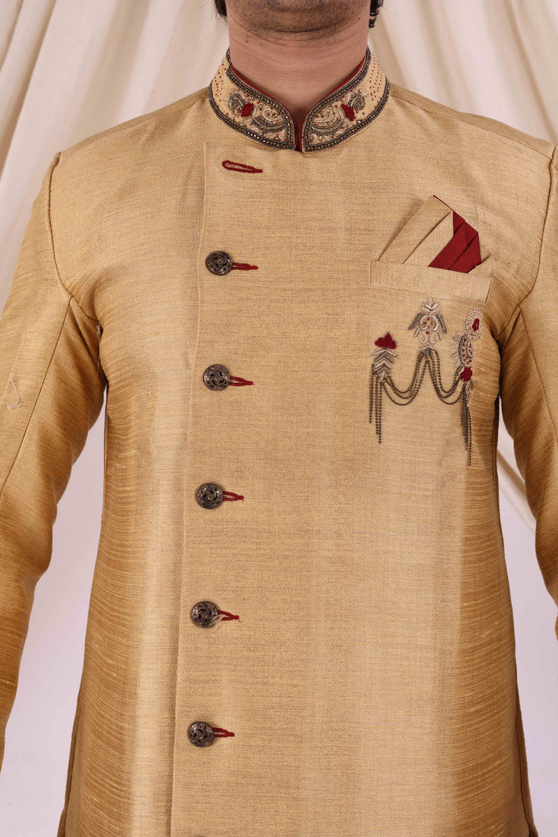 Golden Silk Blend Sherwani Set with White Pyjama for Men - DBMS1035