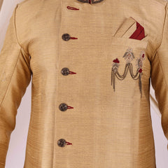 Golden Silk Blend Sherwani Set with White Pyjama for Men - DBMS1035