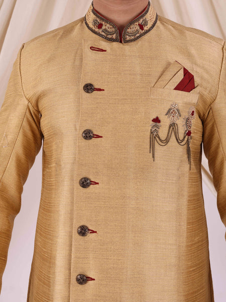 Golden Silk Blend Sherwani Set with White Pyjama for Men - DBMS1035