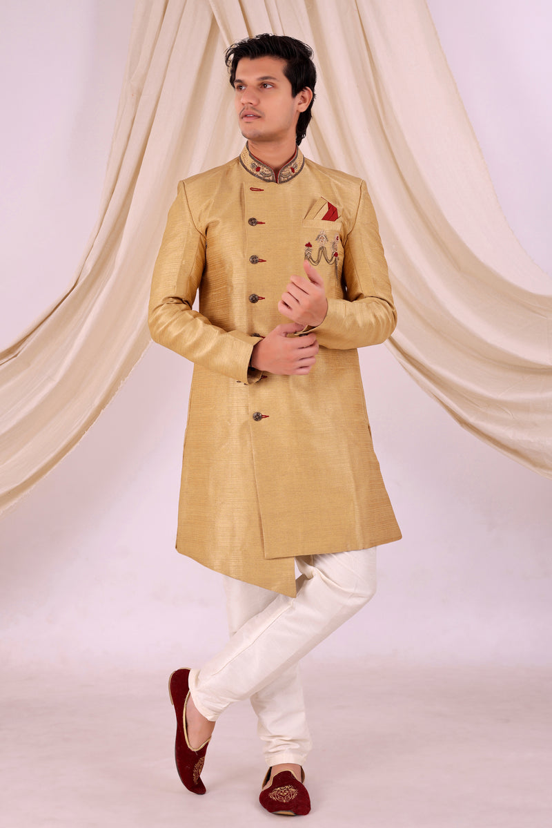 Golden Silk Blend Sherwani Set with White Pyjama for Men - DBMS1035