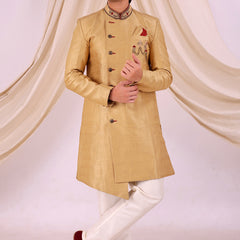 Golden Silk Blend Sherwani Set with White Pyjama for Men - DBMS1035