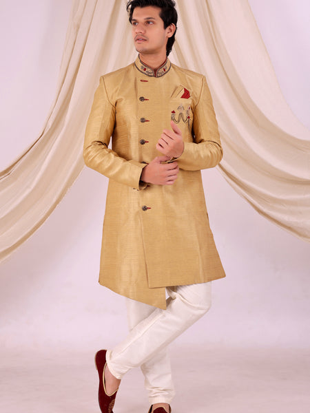 Golden Silk Blend Sherwani Set with White Pyjama for Men - DBMS1035