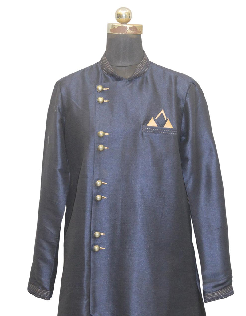 Blue Silk Blend Sherwani Set with White Pyjama for Men - DBMS1037
