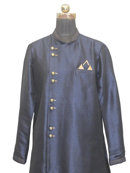 Blue Silk Blend Sherwani Set with White Pyjama for Men - DBMS1037