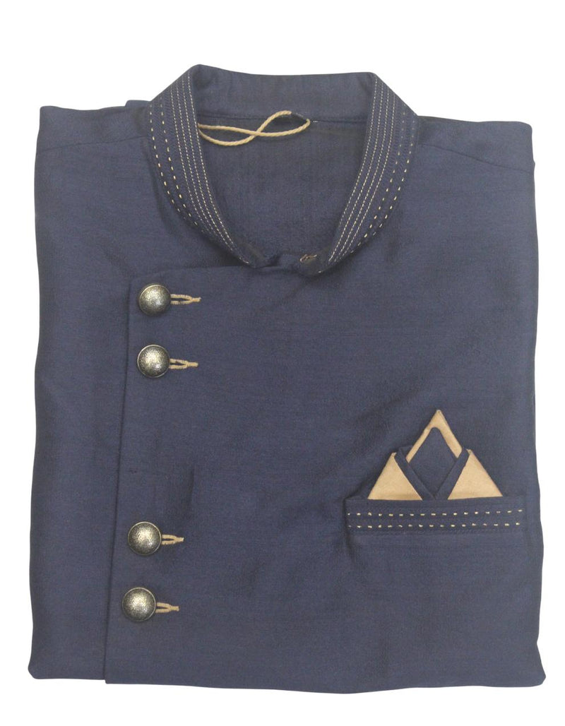 Blue Silk Blend Sherwani Set with White Pyjama for Men - DBMS1037