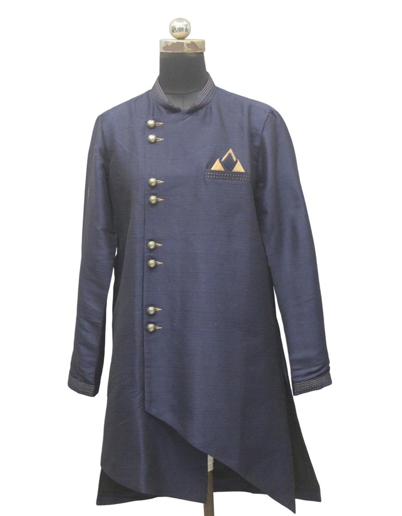 Blue Silk Blend Sherwani Set with White Pyjama for Men - DBMS1037