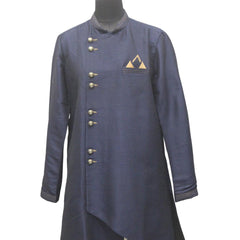 Blue Silk Blend Sherwani Set with White Pyjama for Men - DBMS1037