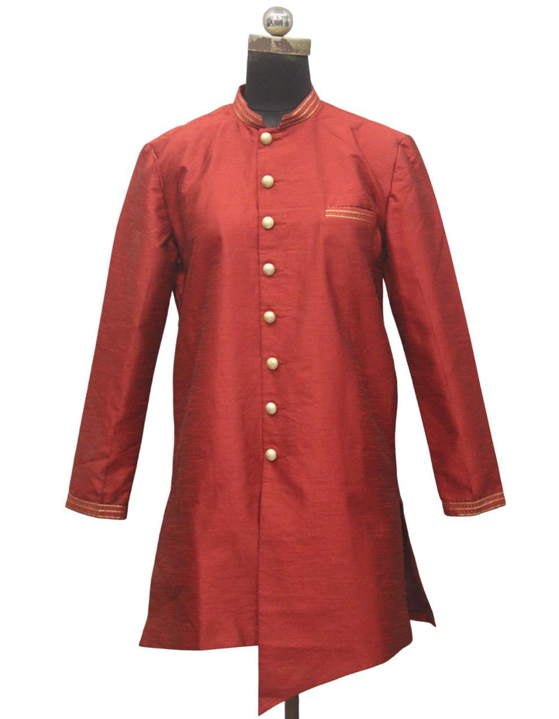 Red Silk Blend Sherwani Set with White Pyjama for Men - DBMS1038