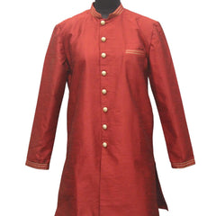 Red Silk Blend Sherwani Set with White Pyjama for Men - DBMS1038