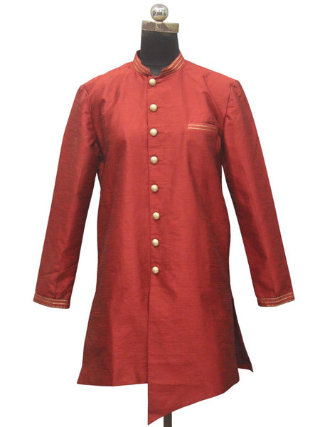 Red Silk Blend Sherwani Set with White Pyjama for Men - DBMS1038