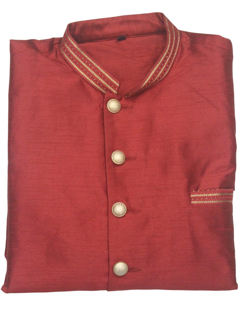 Red Silk Blend Sherwani Set with White Pyjama for Men - DBMS1038