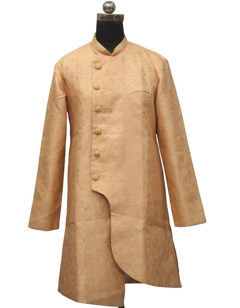 Peach Silk Blend Sherwani Set with White Pyjama for Men - DBMS1039