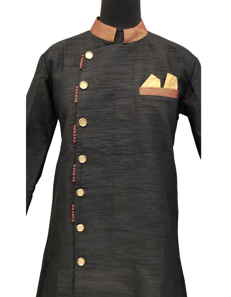 Black Silk Blend Sherwani Set with White Pyjama for Men - DBMS1043