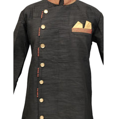 Black Silk Blend Sherwani Set with White Pyjama for Men - DBMS1043
