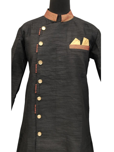 Black Silk Blend Sherwani Set with White Pyjama for Men - DBMS1043