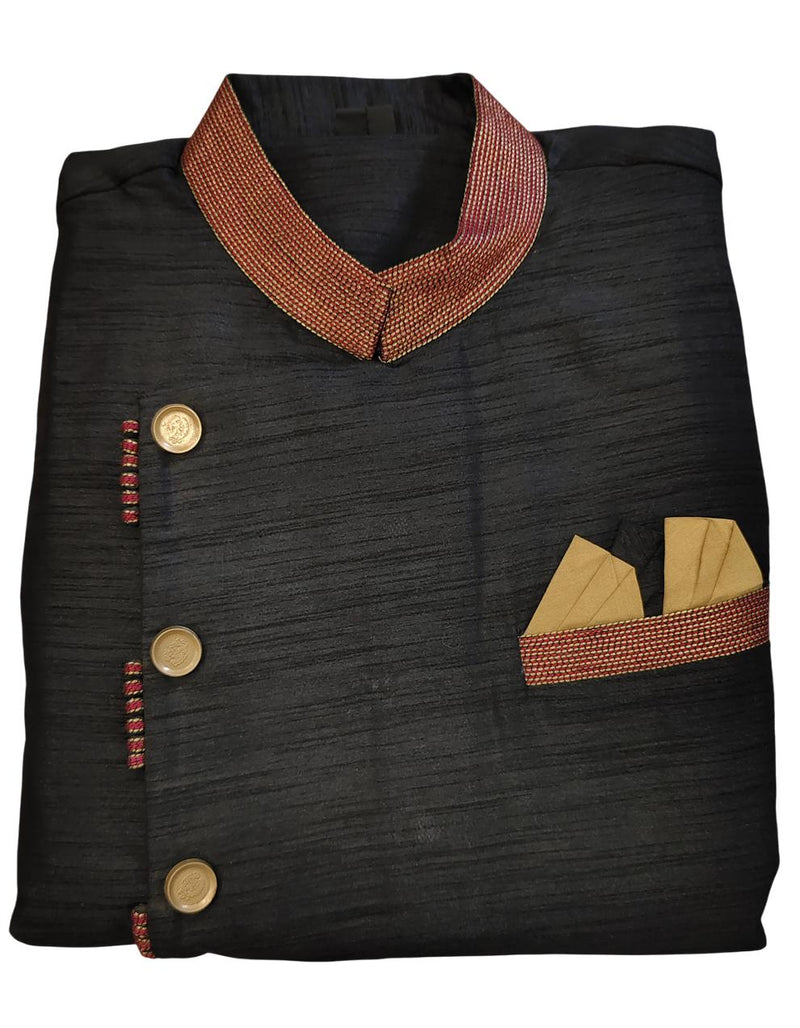 Black Silk Blend Sherwani Set with White Pyjama for Men - DBMS1043