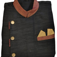 Black Silk Blend Sherwani Set with White Pyjama for Men - DBMS1043