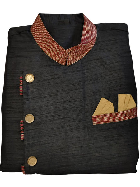 Black Silk Blend Sherwani Set with White Pyjama for Men - DBMS1043