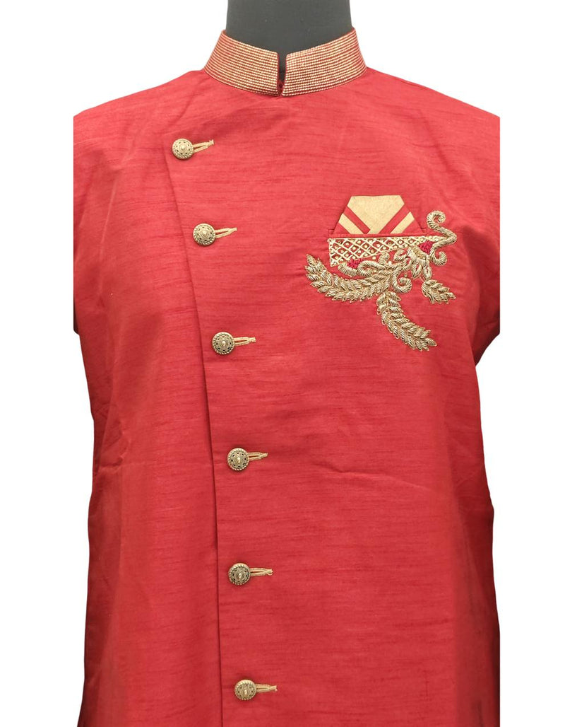 Red Silk Blend Sherwani Set with White Pyjama for Men - DBMS1055