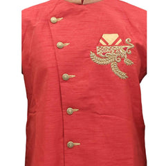 Red Silk Blend Sherwani Set with White Pyjama for Men - DBMS1055