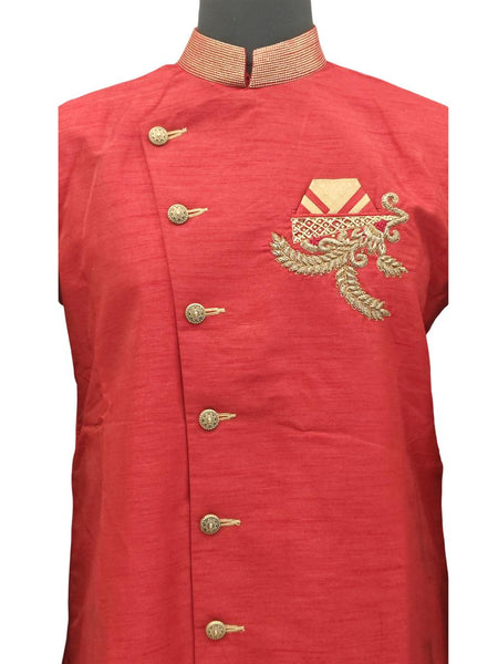 Red Silk Blend Sherwani Set with White Pyjama for Men - DBMS1055