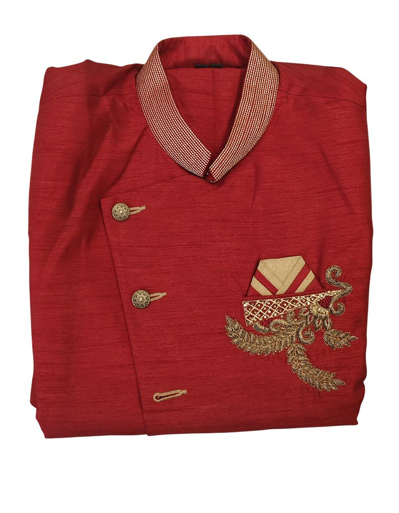 Red Silk Blend Sherwani Set with White Pyjama for Men - DBMS1055