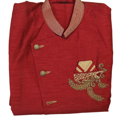 Red Silk Blend Sherwani Set with White Pyjama for Men - DBMS1055