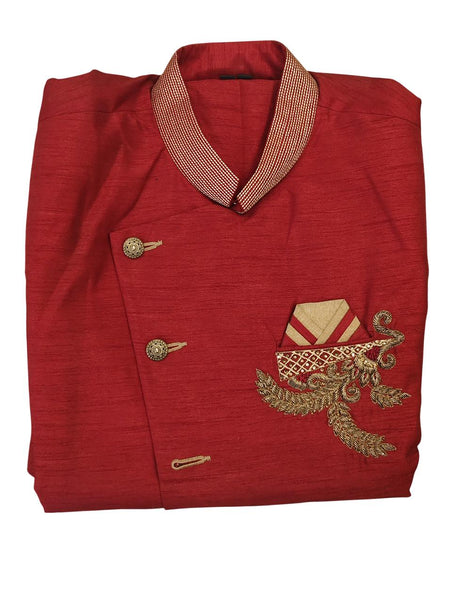 Red Silk Blend Sherwani Set with White Pyjama for Men - DBMS1055