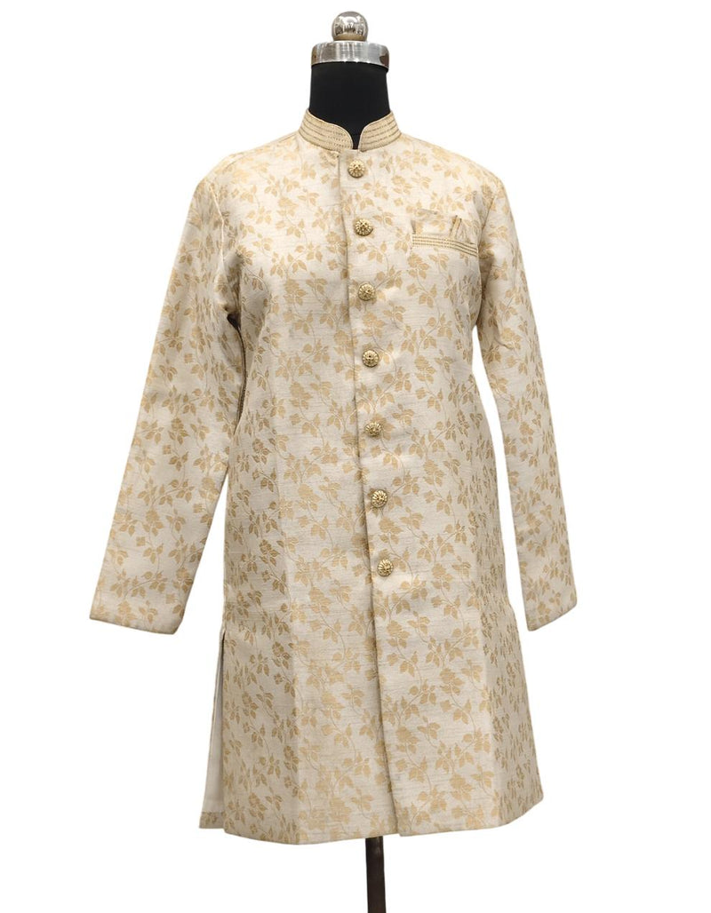 White Silk Blend Sherwani Set with White Pyjama for Men - DBMS1057