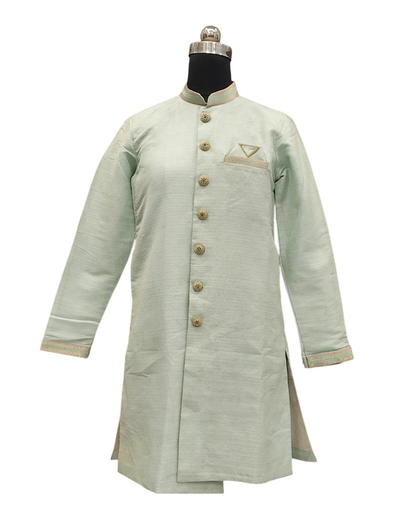 Sky Blue Silk Blend Sherwani Set with White Pyjama for Men - DBMS1058