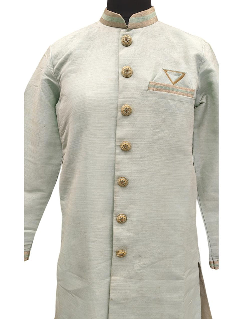 Sky Blue Silk Blend Sherwani Set with White Pyjama for Men - DBMS1058