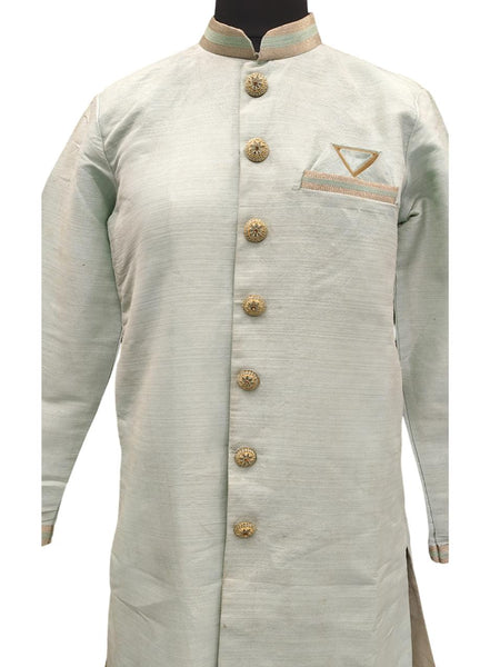 Sky Blue Silk Blend Sherwani Set with White Pyjama for Men - DBMS1058