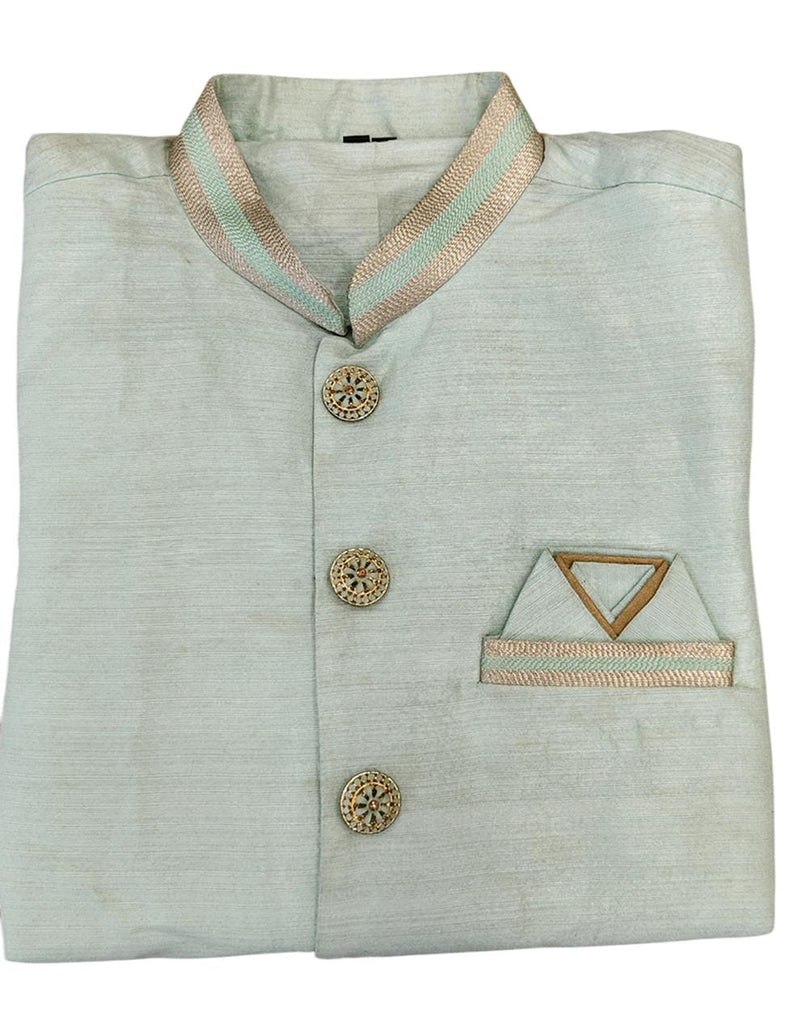 Sky Blue Silk Blend Sherwani Set with White Pyjama for Men - DBMS1058