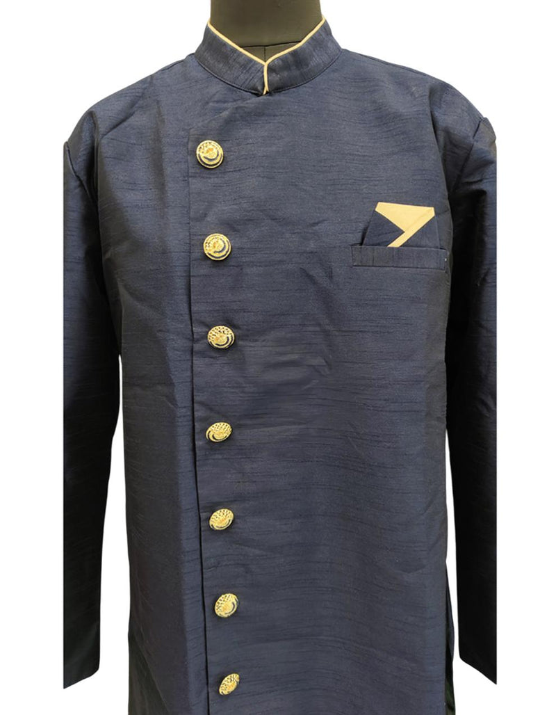 Navy Blue Silk Blend Sherwani Set with White Pyjama for Men - DBMS1068