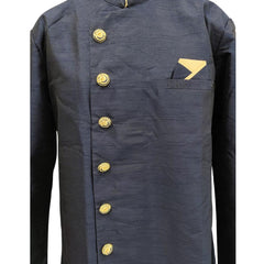 Navy Blue Silk Blend Sherwani Set with White Pyjama for Men - DBMS1068