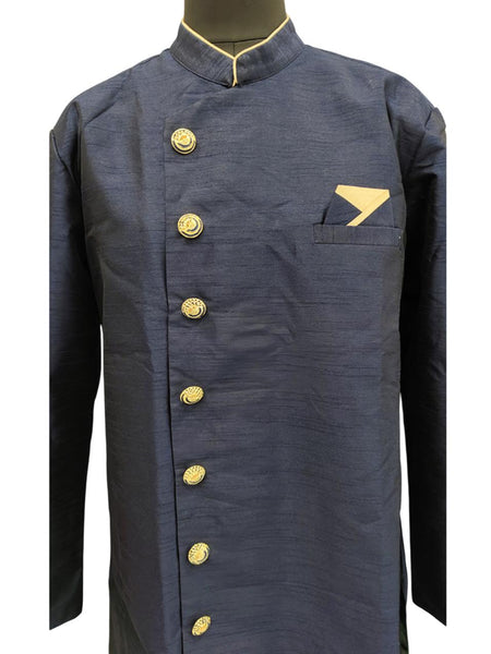Navy Blue Silk Blend Sherwani Set with White Pyjama for Men - DBMS1068
