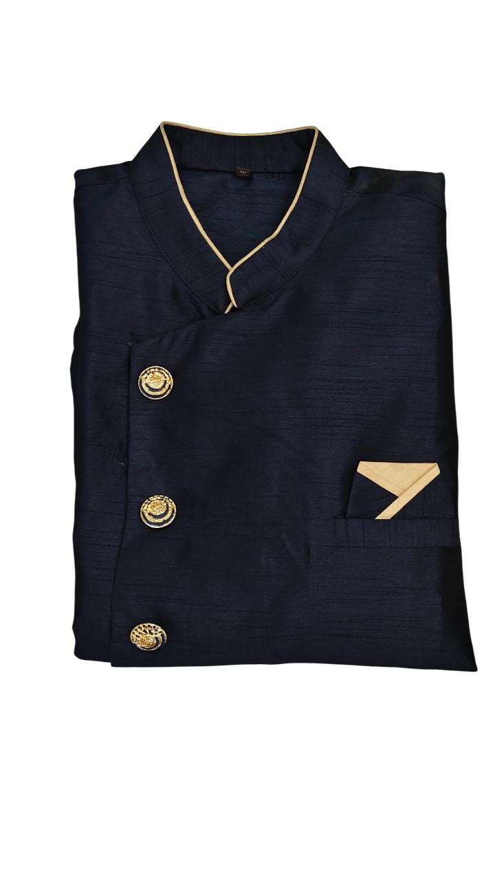 Navy Blue Silk Blend Sherwani Set with White Pyjama for Men - DBMS1068