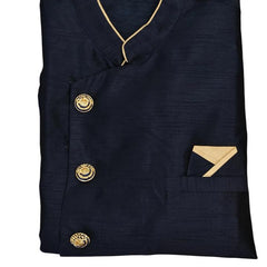 Navy Blue Silk Blend Sherwani Set with White Pyjama for Men - DBMS1068