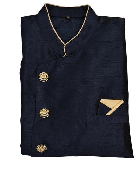 Navy Blue Silk Blend Sherwani Set with White Pyjama for Men - DBMS1068