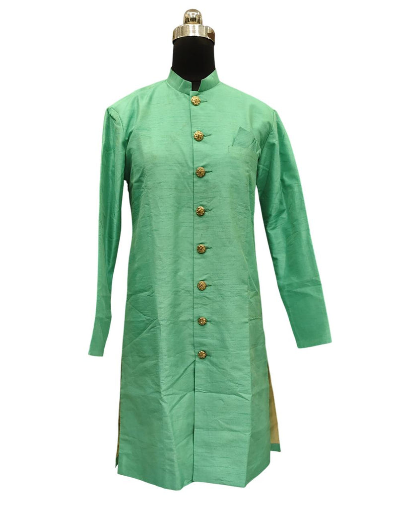 Light Green Silk Blend Sherwani Set with White Pyjama for Men - DBMS1075