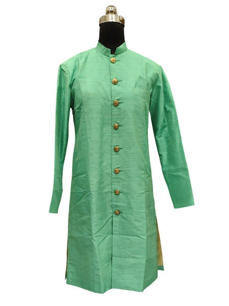 Light Green Silk Blend Sherwani Set with White Pyjama for Men - DBMS1075