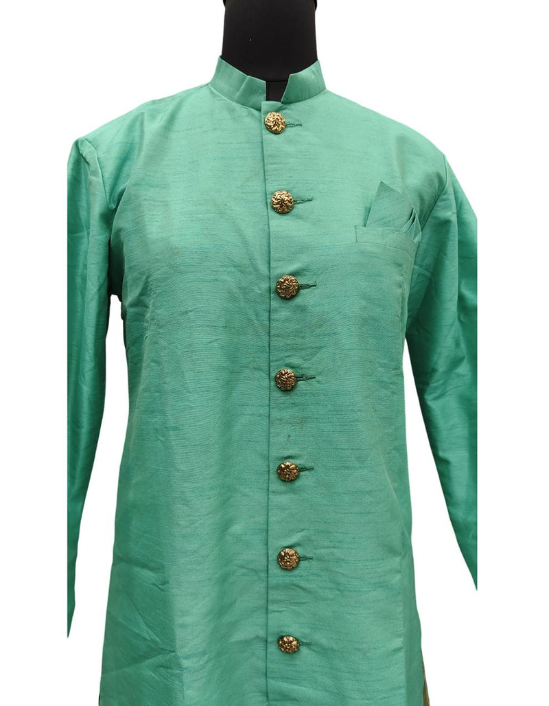 Light Green Silk Blend Sherwani Set with White Pyjama for Men - DBMS1075
